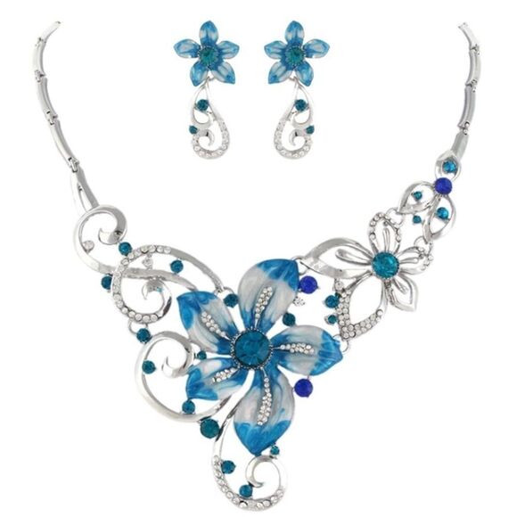 Silver and Blue Sapphire Austrian Crystal Orchid Flower Necklace & Earrings Set - Picture 1 of 7